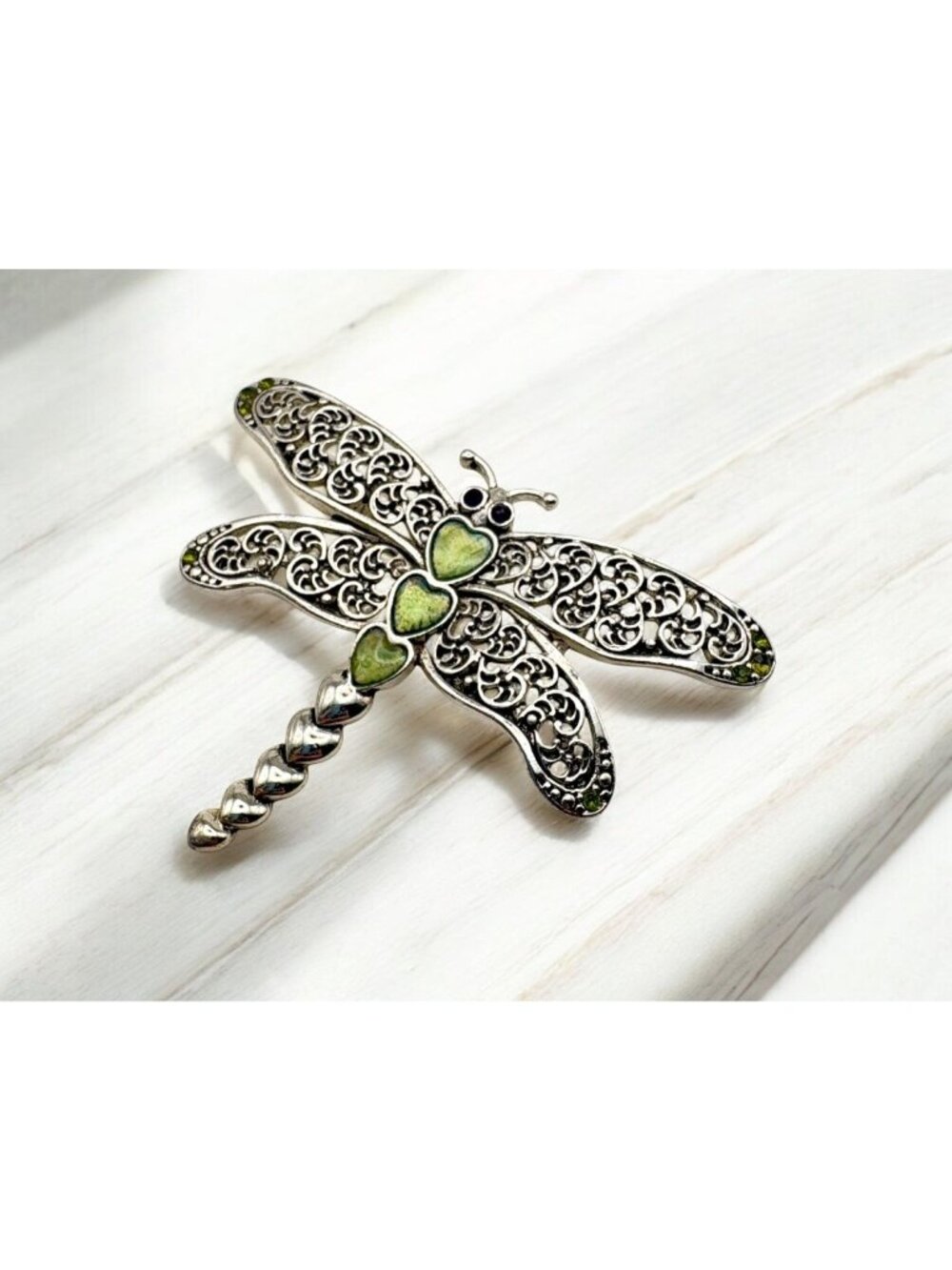 Silver Dragonfly Brooch Green Enamel Heart Accents Elegant Nature Insect Bug